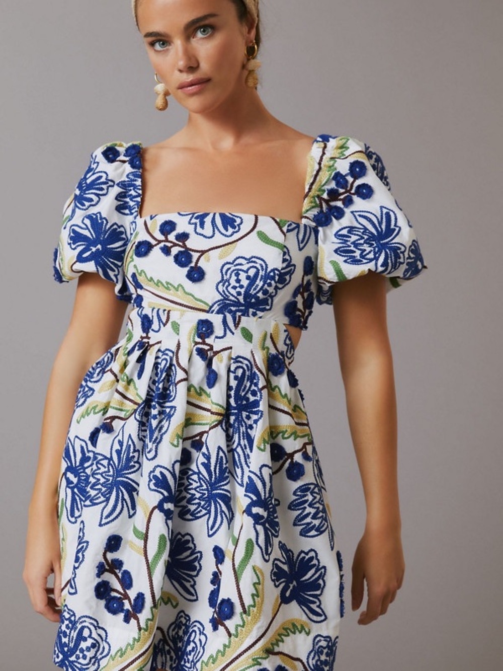 Anthropologie Women's Blue & White Floral Puff-Sleeve Dress